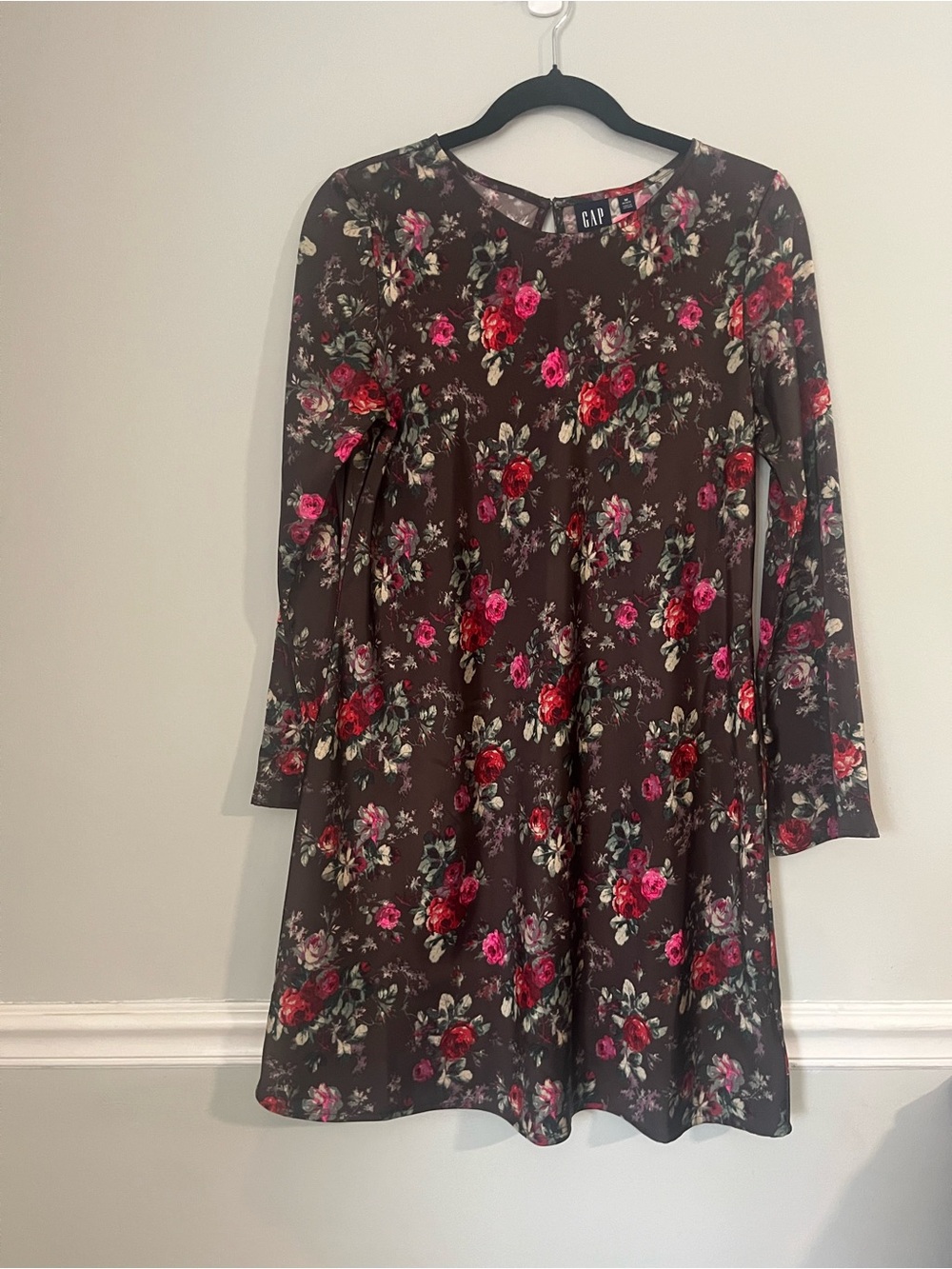 GAP Floral Brown Midi Dress with Pink & Red Blooms